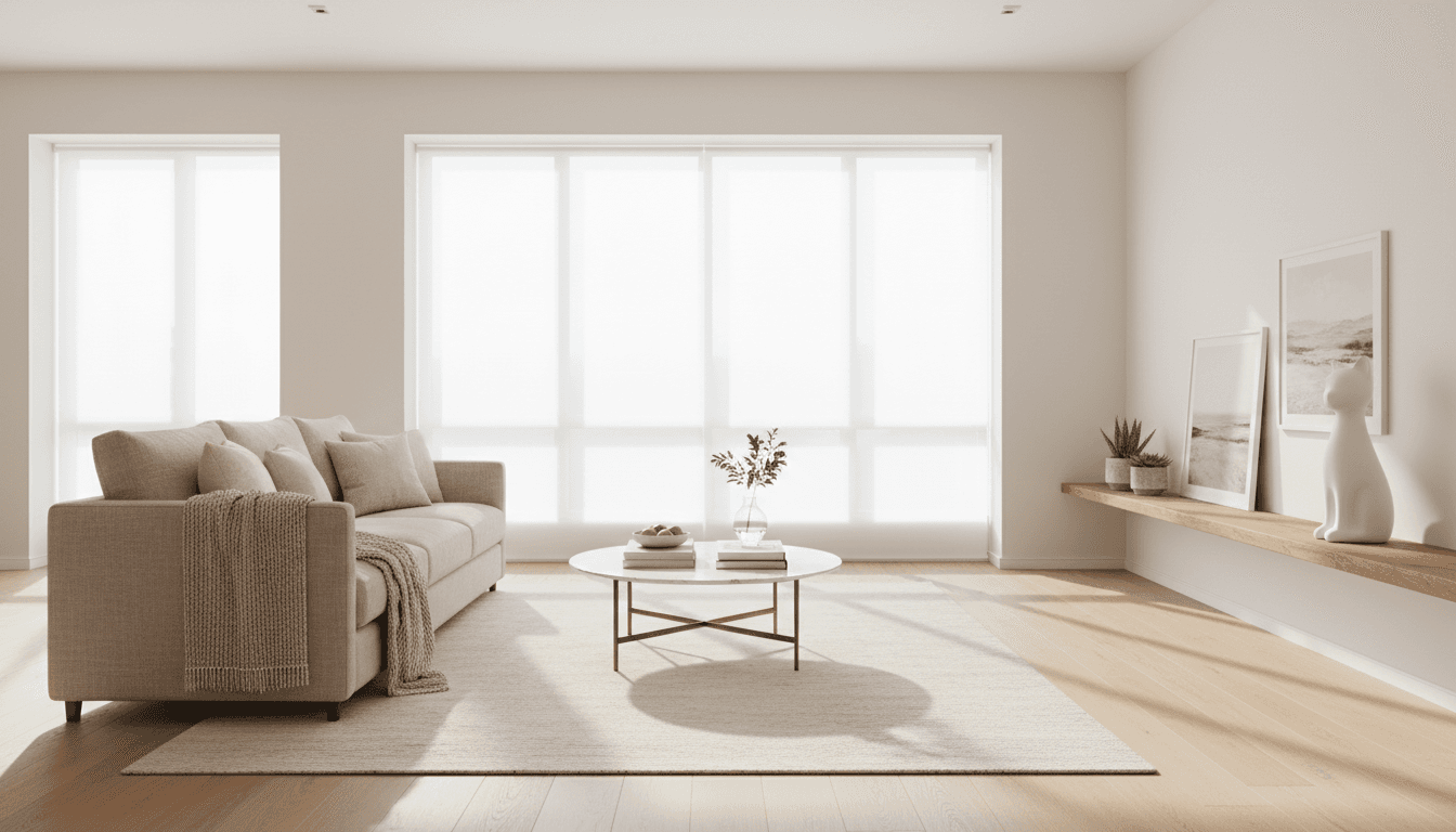 Bright, clean living room with a ceramic cat figurine on a wooden shelf