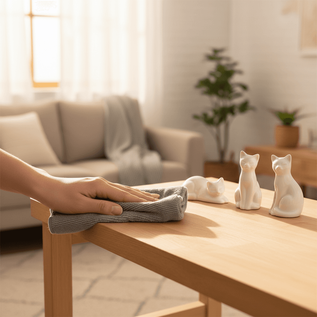 Hands gently dusting a wooden shelf with cat figurines arranged neatly