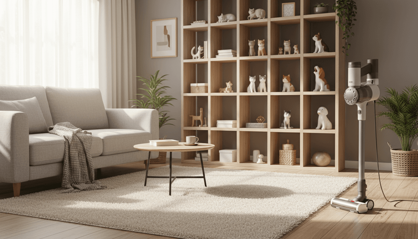 Freshly cleaned living room with a display shelf of cat and dog figurines