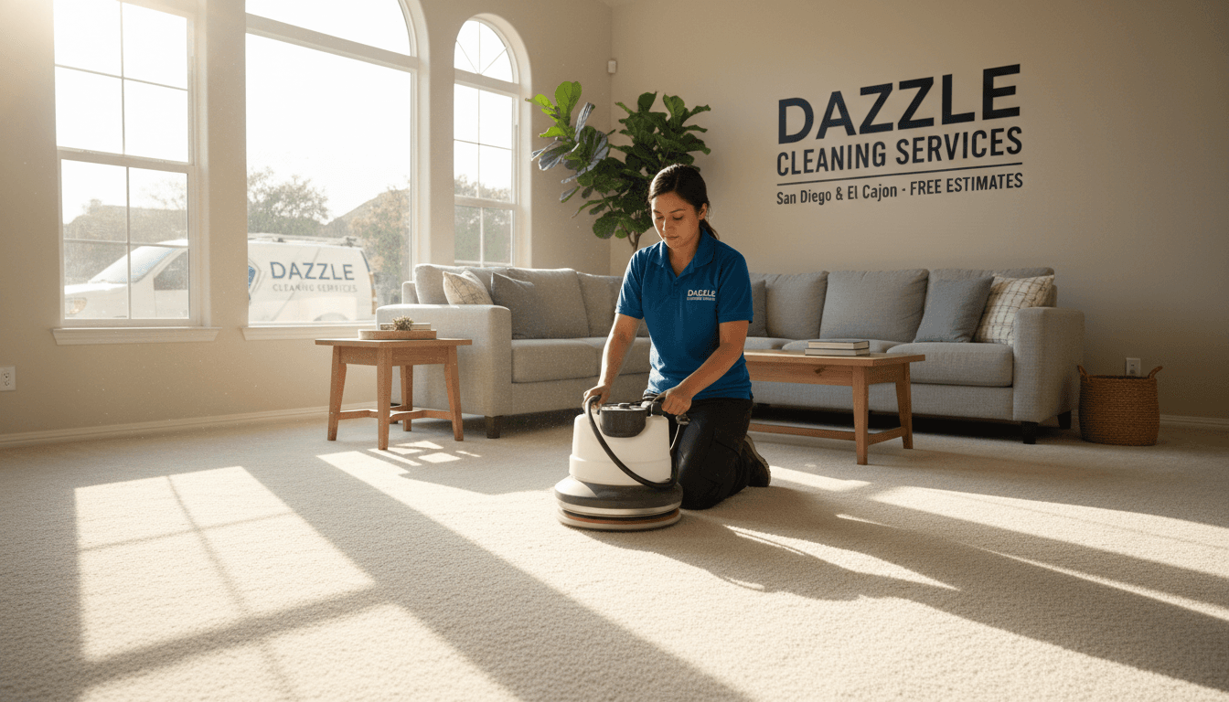 Professional carpet cleaning technician using low-moisture equipment on residential living room carpet, warm sunlight streaming through windows