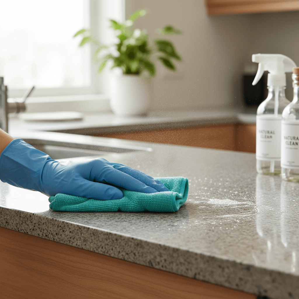 Hand polishing a granite countertop to a streak-free finish