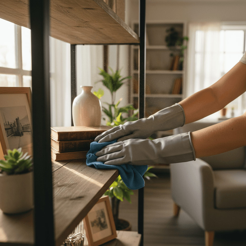 Hand dusting a shelf with cat figurines