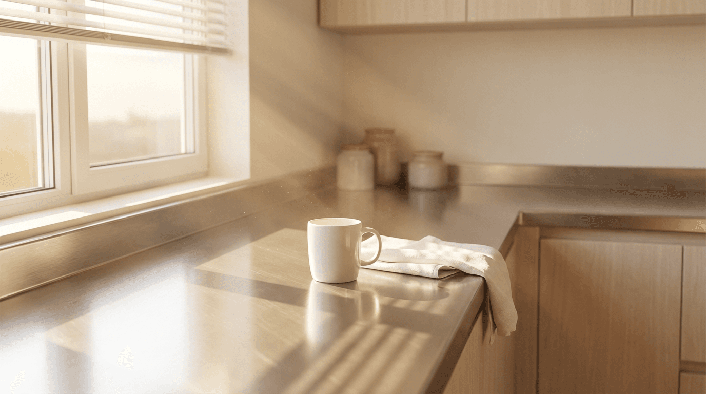 Hand wiping a clean wooden kitchen counter with a microfiber cloth