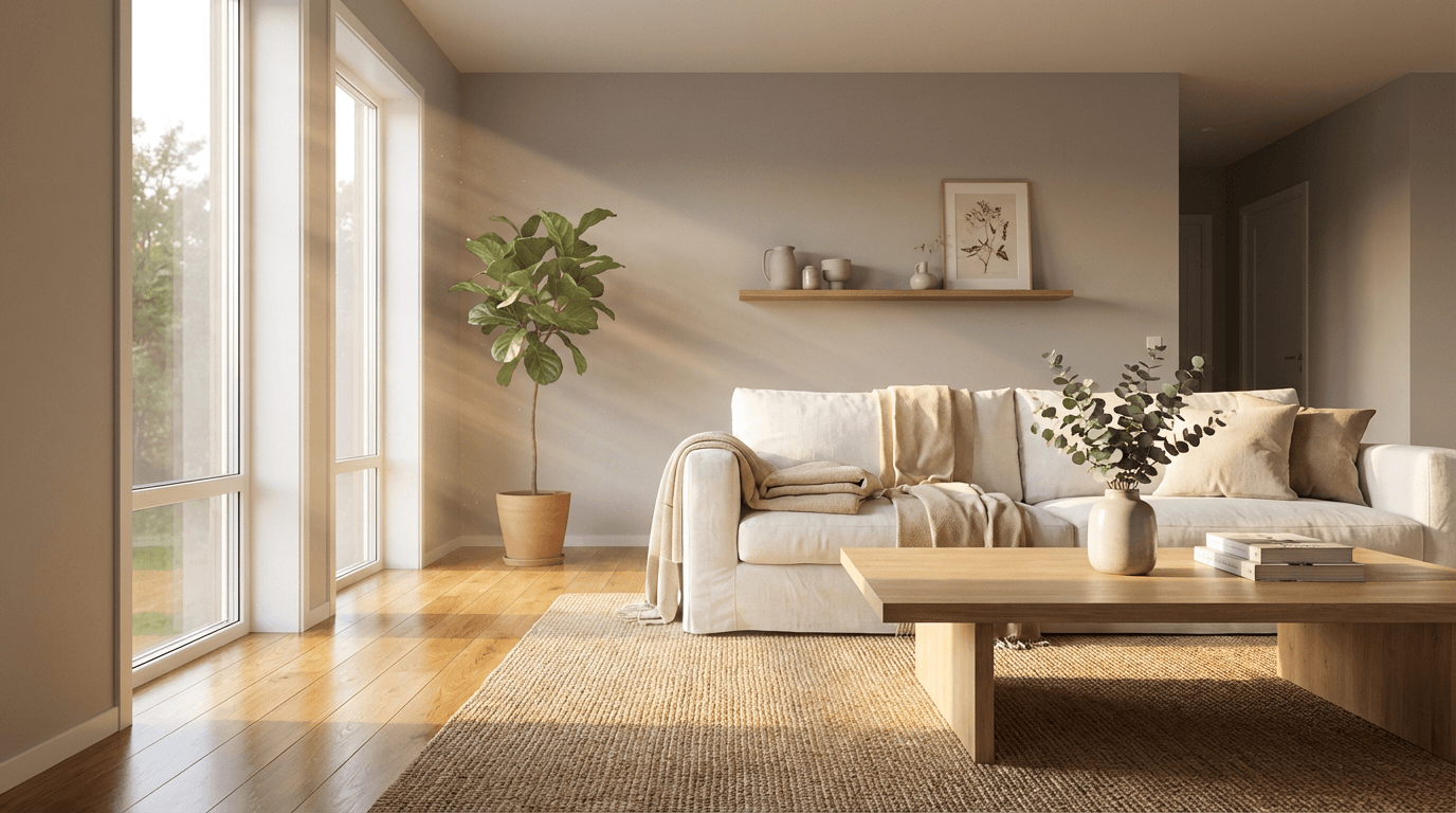 Cleaner wiping a wooden table in a bright living room with a shelf of cat figurines