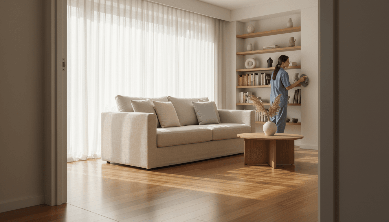 Bright clean living room with sunlight streaming through windows