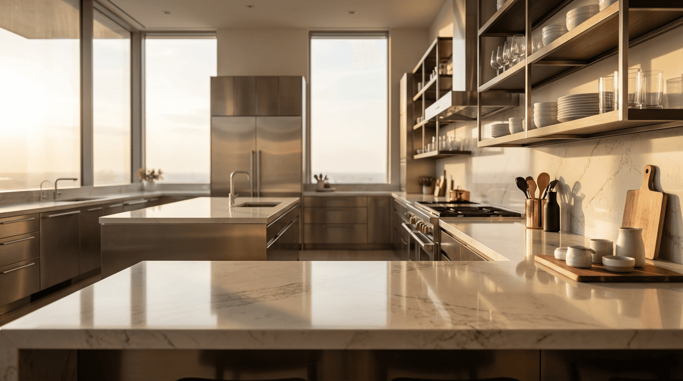 Bright kitchen with gleaming counters after a thorough clean