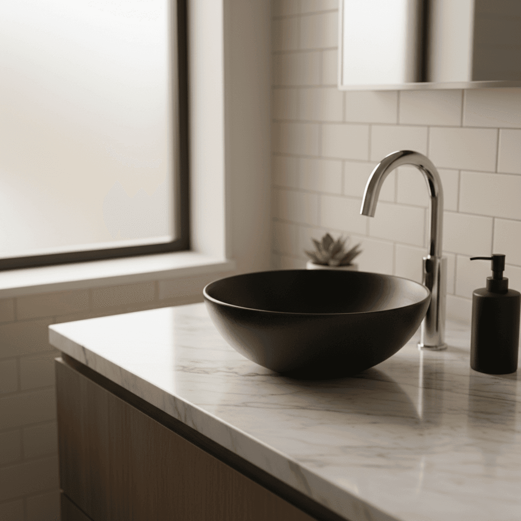 Clean bathroom vanity with spotless mirror and sink