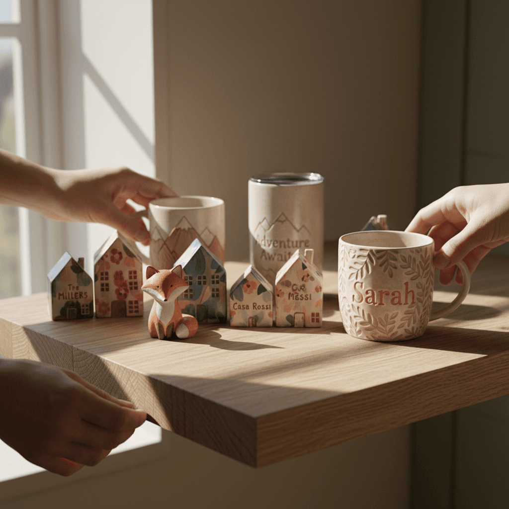 Hands gently dusting cat figurines on a display shelf