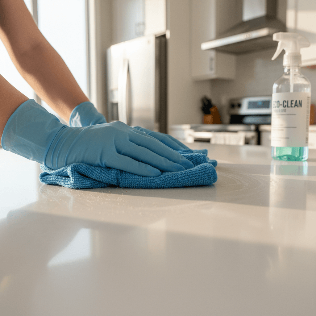 Detail-focused kitchen counter cleaning in a warm home