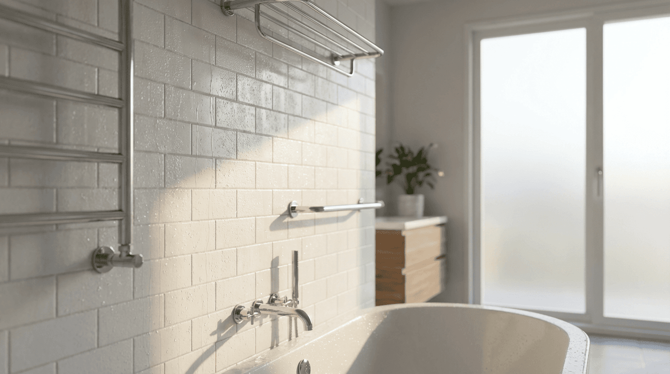 Bathroom with spotless glass and fresh white towels