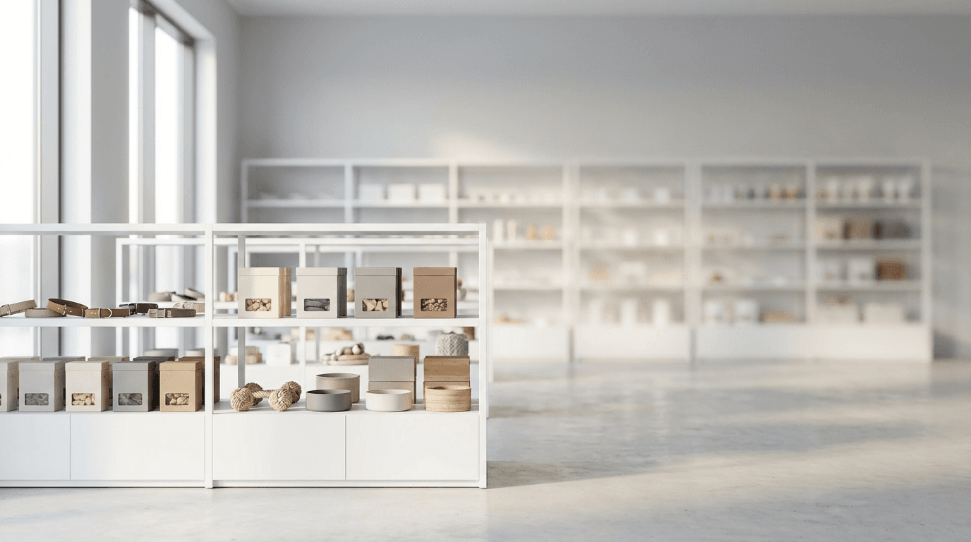 Display shelf with cat and dog figurines in a clean living room