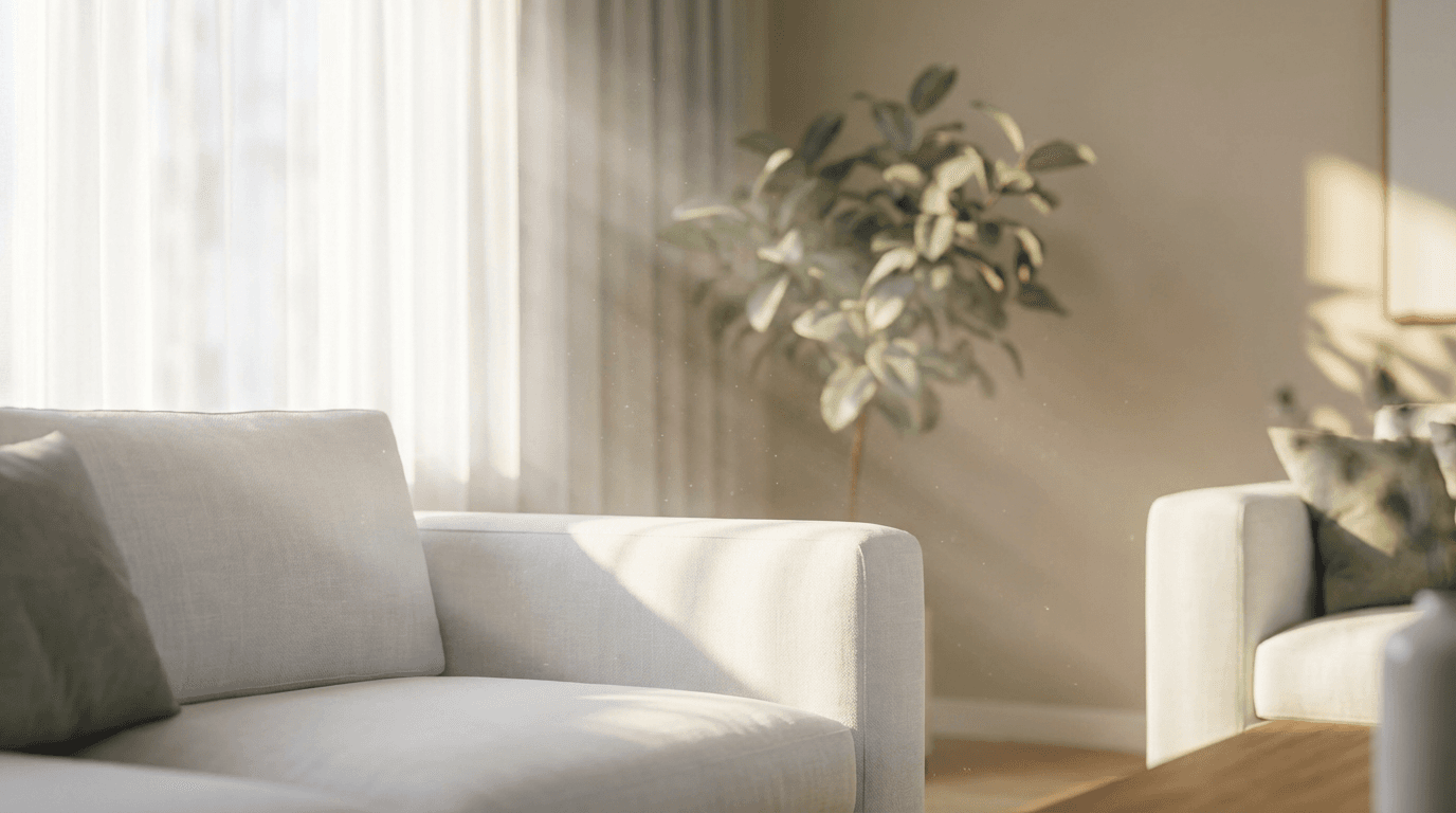 Sunlit living room with a tidy display shelf and figurines after cleaning
