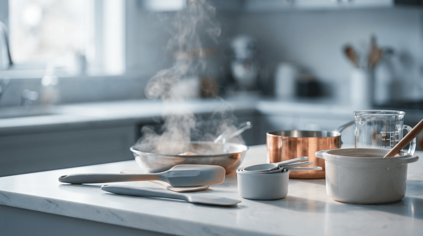 Clean kitchen counter with a display shelf of cat figurines in soft focus