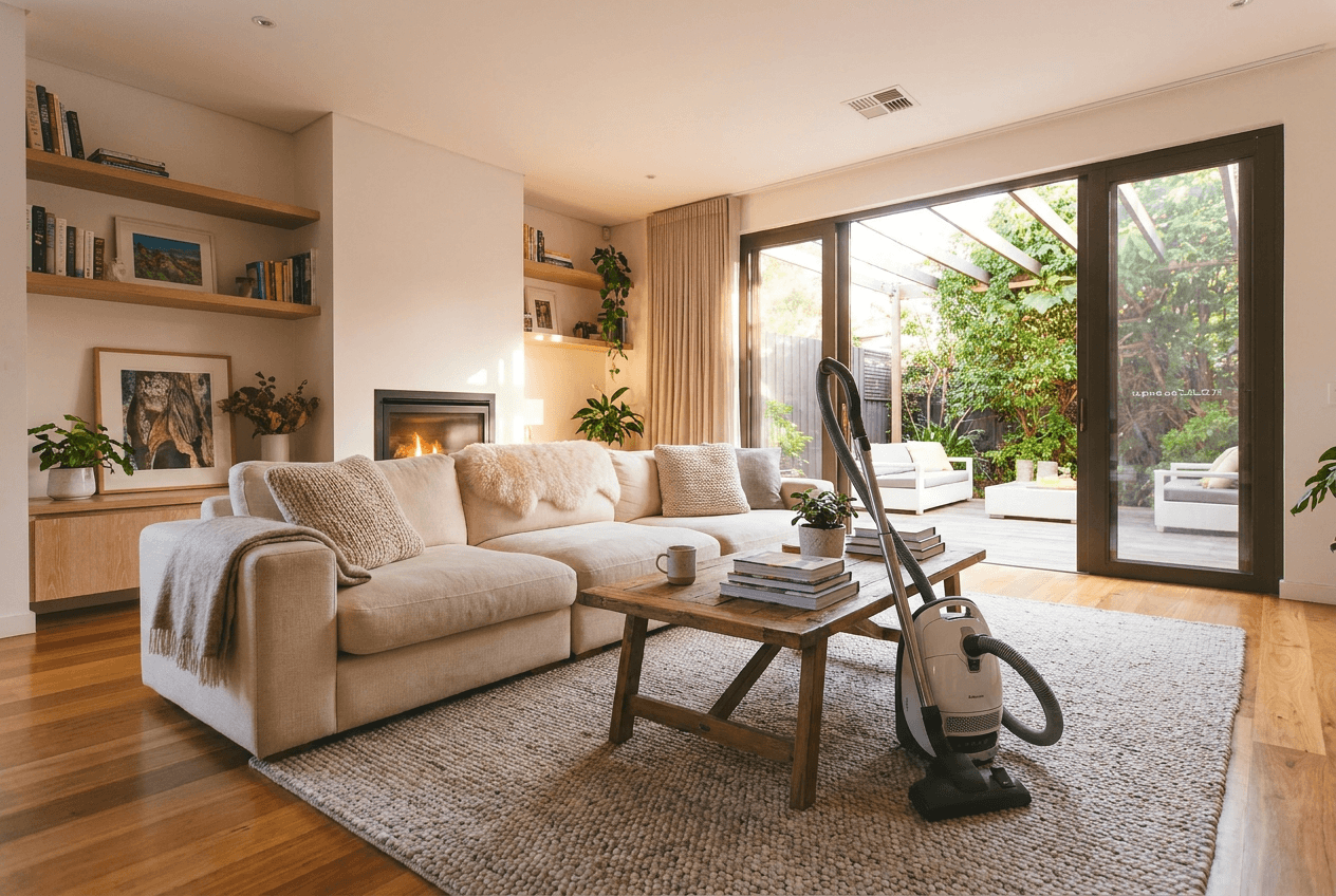 Living room with fresh floors and dusted surfaces