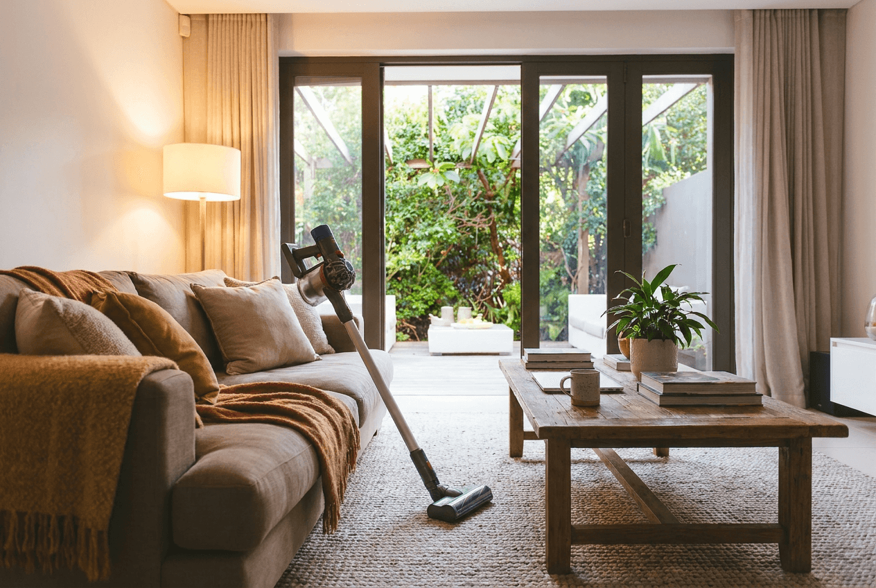 Cozy living room corner with vacuumed carpet and dusted shelves